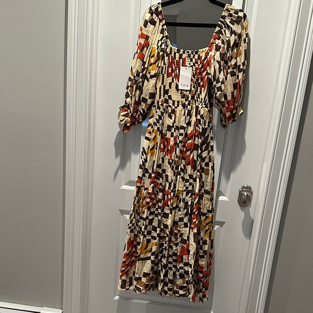 Fate Colorful Long Sleeve Dress with Geometric Patterns